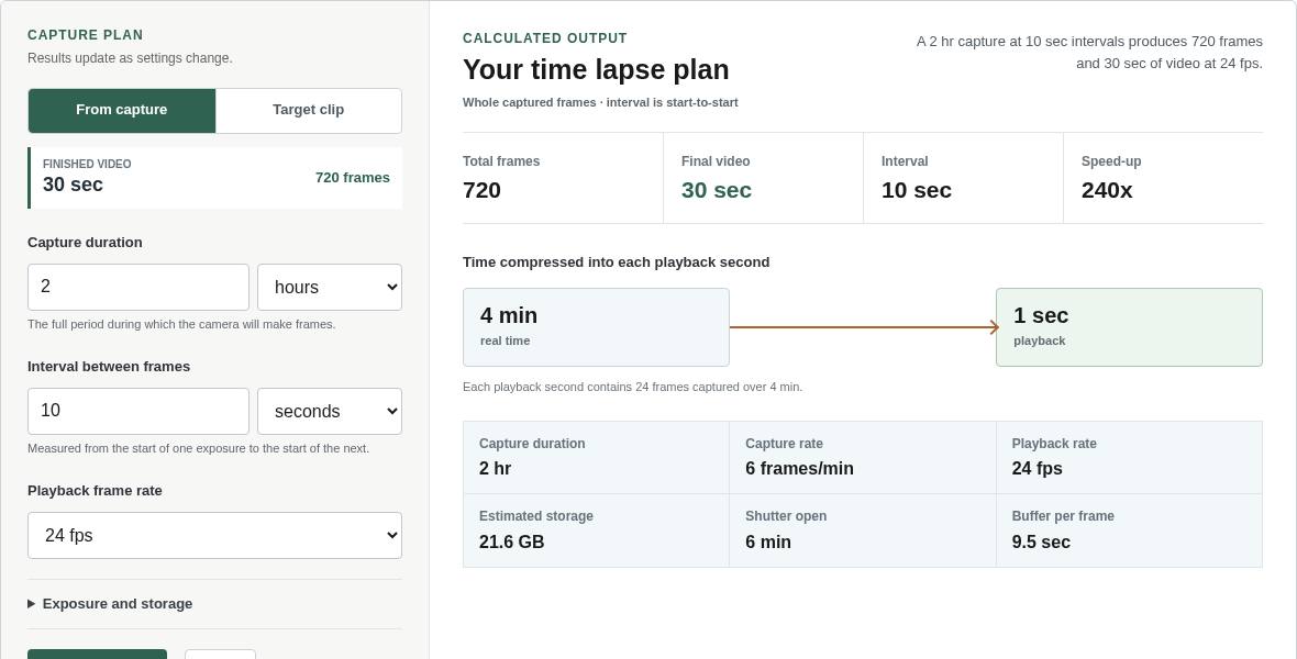 Time lapse calculator showing capture and playback results