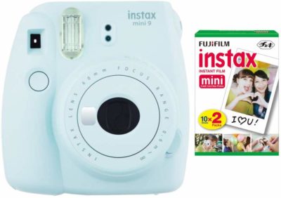 This is an image of an ice blue Instax Mini 9 camera by Fujifilm. 