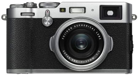 This is an image of camera by fujifilm in black and gray colors