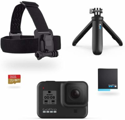 This is an image of a black GoPro HERO8 camera set. 