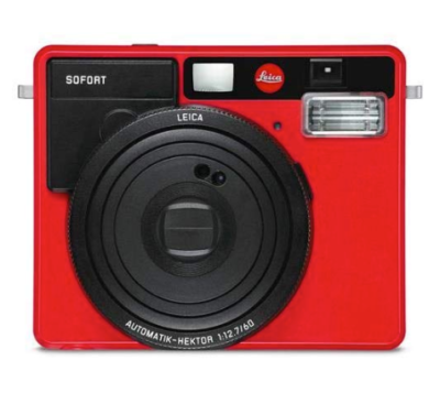 This is an image of a red Sofort instant camera by Leica.