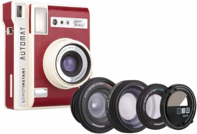 This is an image of a red LOMO automat south beach instant camera with 3 lenses by Lomography. 