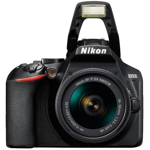 Nikon D3500 black camera with flash and zoom lens