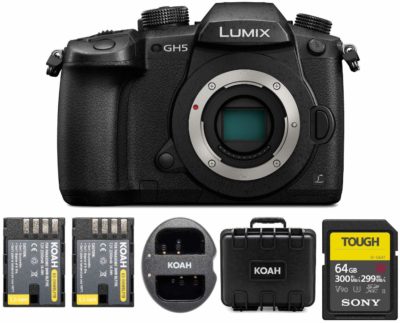 This is an image of a Panasonic LUMIX GH5 body bundle. 