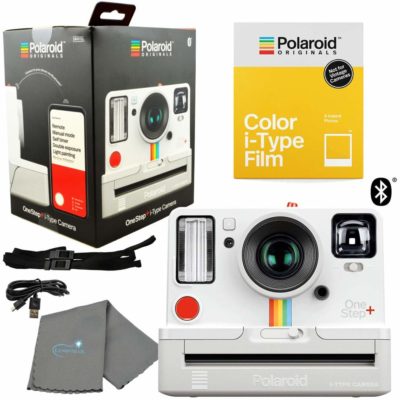 This is an image of a white Polaroid OneStep+ camera bundle kit. 