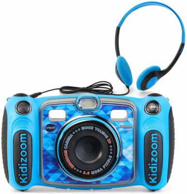 This is an image of a blue Kidizoom Duo camera for kids by VTech.