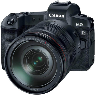 This is an image of a black Canon EOS R camera with 24-105mm canon lens and 30.3 MP CMOS full-frame sensor