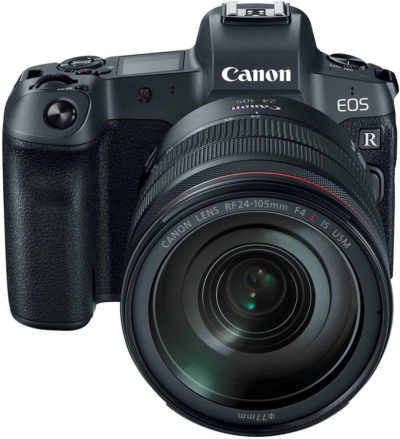 This is an image of a black Canon EOS R camera with 24-105mm canon lens and 30.3 MP CMOS full-frame sensor