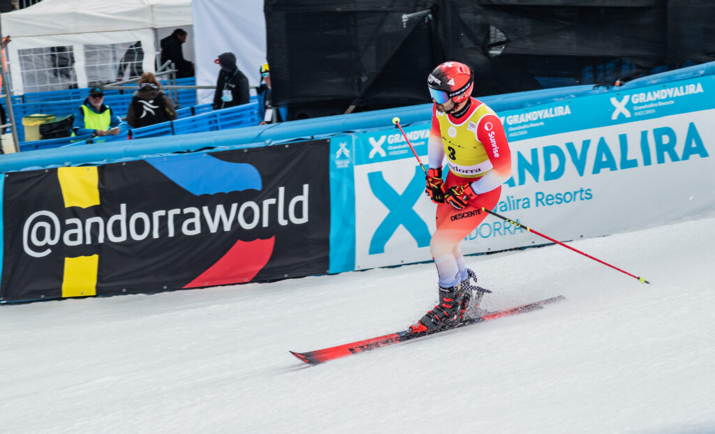 Nikon D3500 action sample of skier Loic Meillard finishing a race