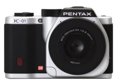 This is an image of a black and silver Pentax K-01 camera with 16-megapixel sensor and 40mm zoom