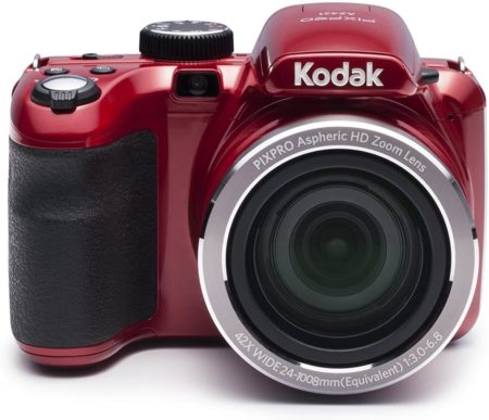 This is an image of a red Kodak Pixpro digital camera with 24mm wide-angle lens, 42x optical zoom and 16.1MP CCD sensor