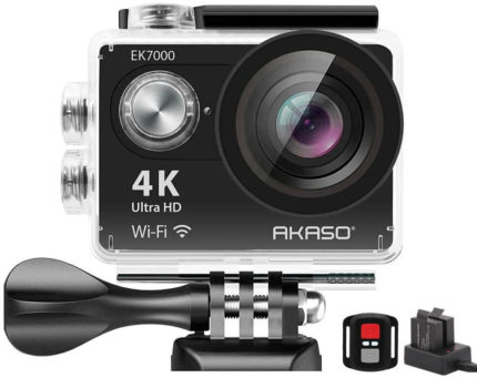 This is an image of a black AKASO EK7000 4K WiFi Sports Action Camera with 12MP sensor and 170 Degree Wide Angle zoom with stand and battery
