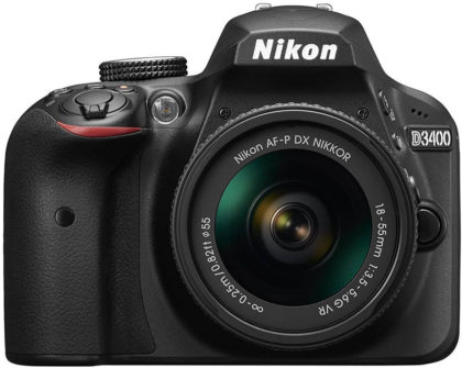This is an image of a black Nikon D3400 camera with NIKKOR 18-55mm lens and 24.2 megapixel sensor
