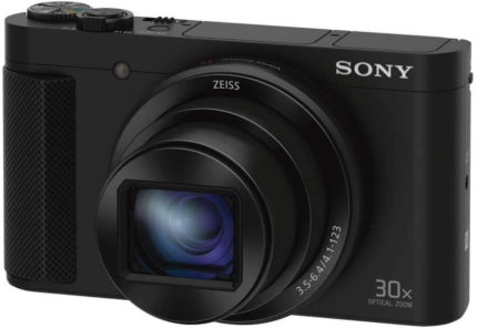 This is an image of a black Sony DSCHX80 digital camera with 18.2MP Exmor R CMOS Sensor, LCD multi-angle display and 30x optical zoom