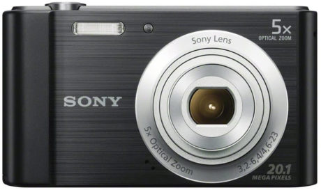 This is an image of a black Sony DSCW800 digital camera with 5x optical zoom lens and 20.1 megapixel sensor