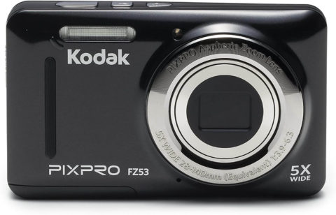 This is an image of a black Kodak Pixpro FZ53 digital camera with 2.7 inch LCD, 5x optical zoom and 16MP sensor