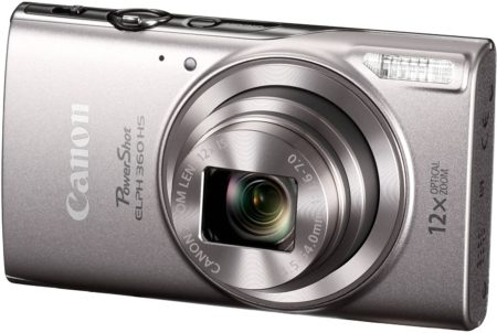 This is an image of a silver Canon PowerShot ELPH 360 with 12x zooming lens and 20.2 megapixel resolution