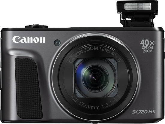 This is an image of a black Canon PowerShot SX720 HS digital camera with 40x Optical Zoom and 20.3 Megapixel CMOS sensor