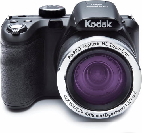 This is an image of a black Kodak Pixpro Astro Zoom az421 digital camera with 16 megapixels seosor, 3” LCD screen and 42x zoom