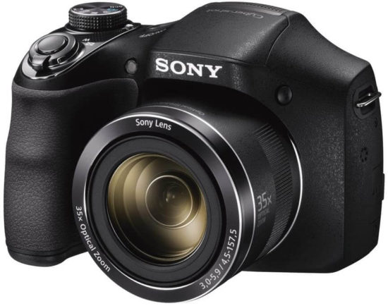 This is an image of a black Sony DSCH300 digital camera with 20.1 megapixel image sensor, 35x optical zoom lens and 3 inch lcd