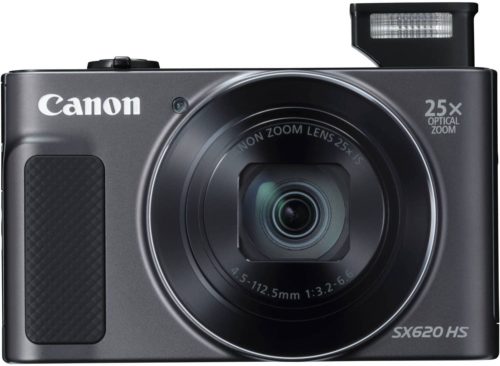 This is an image of a black Canon PowerShot SX620 digital camera with 20.2 megapixels seosor and 25x intelligent optical zoom