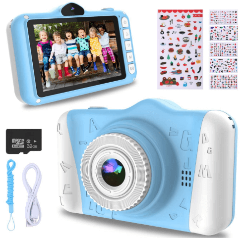 This is an image of a blue and white WOWGO Kids Digital Camera with 12 megapixel, bundle and steakers