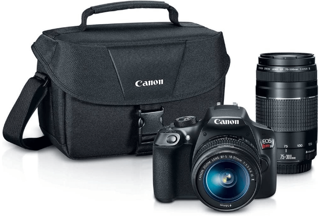 this is an image of a black Canon EOS Rebel T6 Digital SLR Kit with EF-S 18-55mm and EF 75-300mm Zoom Lenses 