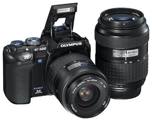 this is an image of a black Olympus Evolt E500 8MP Digital SLR with 14-45mm and 40-150mm Zuiko Lenses