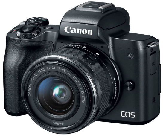 This is an image of a black Canon EOS M50 camera with 45mm lens