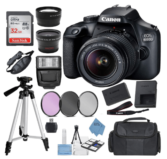 this is an image of a black Canon EOS 4000D camera with satan, case , fash, sd card and charger