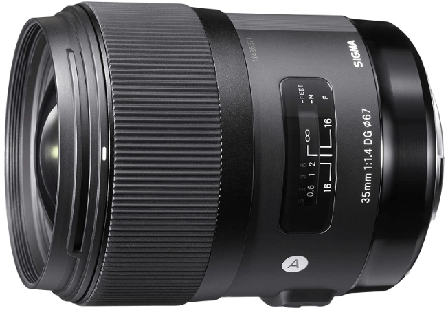 This is an image of a black 35mm Sigma Art lens for Nikon DSLR Cameras