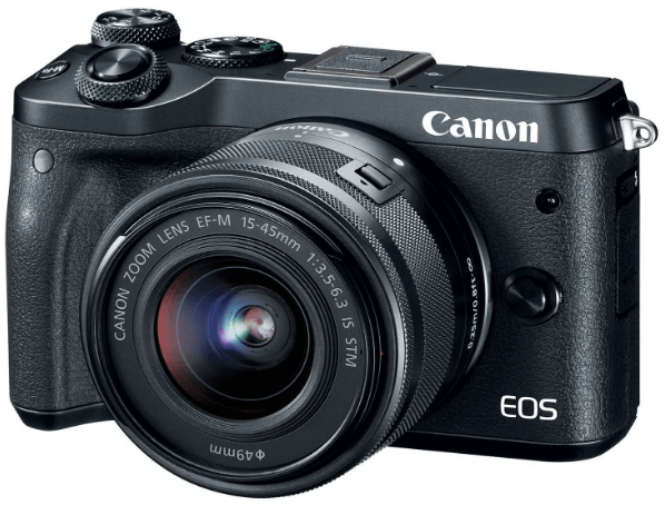 This is an image of a black Canon EOS M6 camera with 15-45mm lens and 24.2 Megapixel sensor