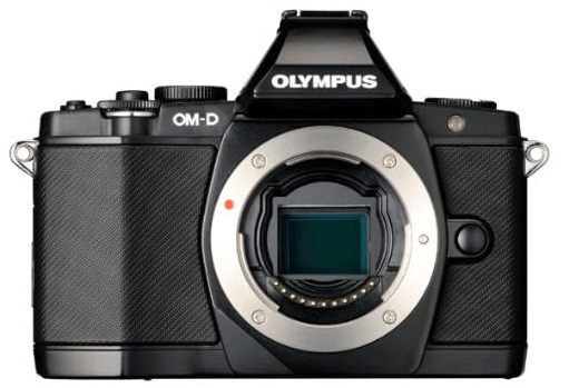 This is an image of a black Olympus OM-D E-M5 Mirrorless Digital Camera with 3.0-Inch Tilting OLED Touchscreen and 16MP 