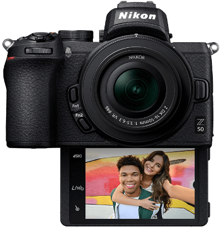 This is an image of a black Nikon Z50 Compact Mirrorless Digital Camera with 20.9 MP sensor and robust 4K UHD video features