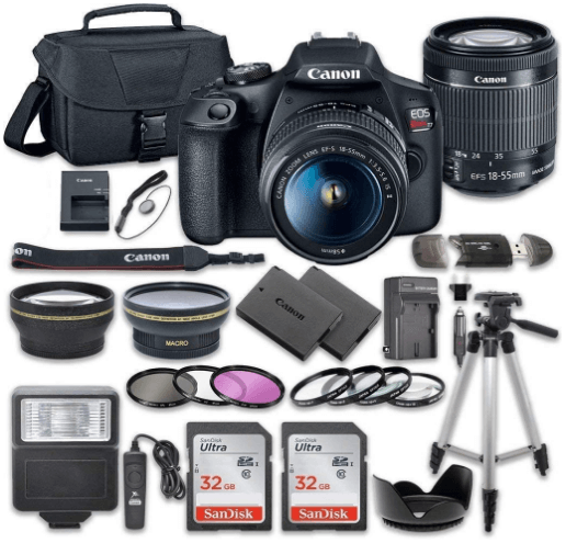 this is an image of a black Canon EOS Rebel T7 DSLR Camera Bundle and 18-55mm Lens + 2pc SanDisk 32GB Memory Cards