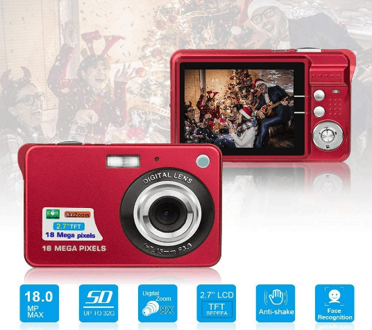 This is an image of a red HD Mini Digital Camera with 18MPsensor and 8x zoom