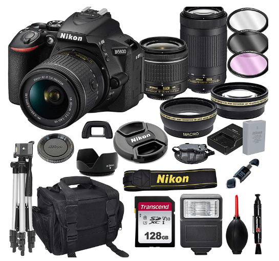 this is an image of a black Nikon D5600 DSLR Camera with 18-55mm VR and 70-300mm Lenses + 128GB Card, Tripod, Flash, 