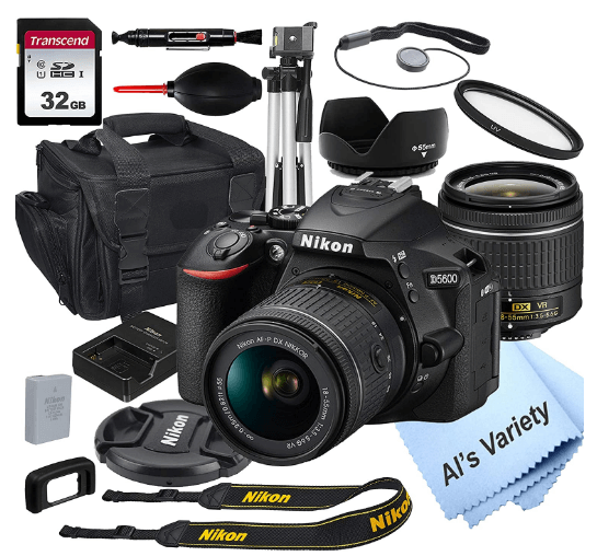 This is an image of a black Nikon D5600 with 18-55mm kit lens, bundle, camera stand and charger