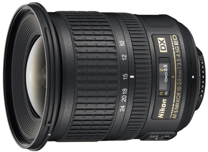 This is an image of black Nikon AF-S DX Nikkor 10-24mm camera lens for nikon cameras