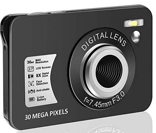 This is an image of a black HD 1080P Digital Camera with 30 MP and 8x digital zoom