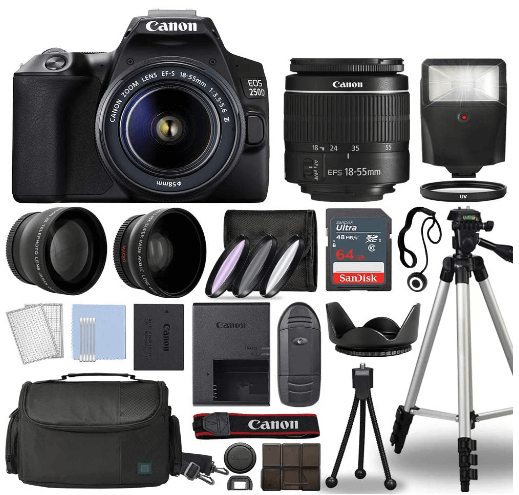 this is an image of a black Canon EOS 250D with 18-55mm Lens, 3 Lens DSLR Kit Bundled with Complete Accessory Bundle + 64GB + Flash + Case