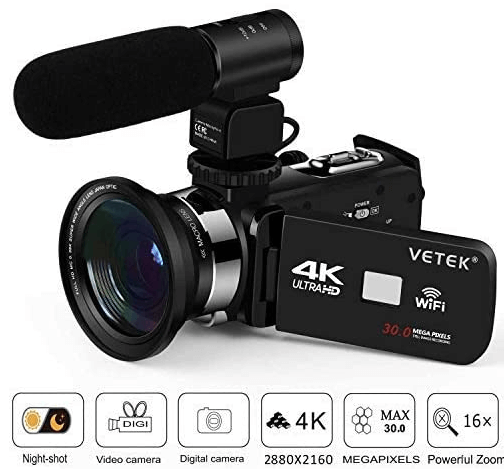 This is an image of a black Vetek 4K Video Camera with 24MP and 16x digital zoom