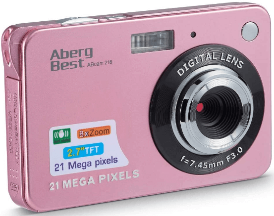 This is an image of a pink AbergBest 21MP Camera with 2.7