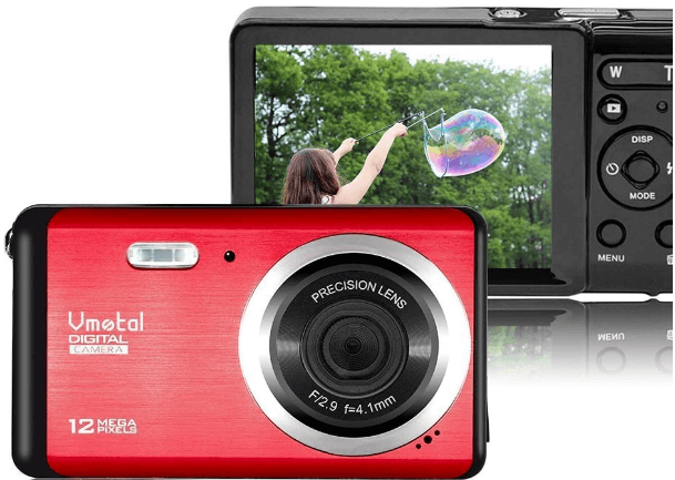 This is an image of a red VMotal HD Digital Camera with 2.7 inch LCD, 12MP CMOS sensor and an 8x digital zoom