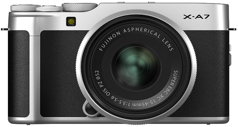 This is an image of a black The Fujifilm X-A7 full-frame camera with a 24.2MP sensor, touch screen LCD and 15-45mm lens