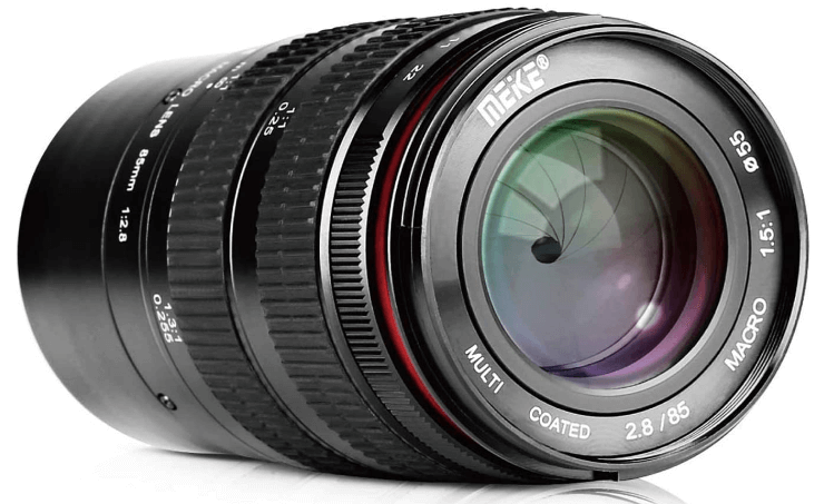 This is an image of a black MEKE Macro 85mm lens for sony a6500 camera 