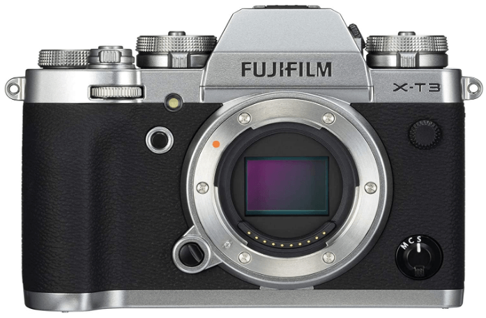 This is an image of a silver Fujifilm X-T3 Mirrorless Digital Camera with 26.1 MP sensor