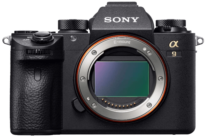 This is an image of a black Sony a9 Full Frame Mirrorless camera with 24.2 MP stacked CMOS full-frame sensor