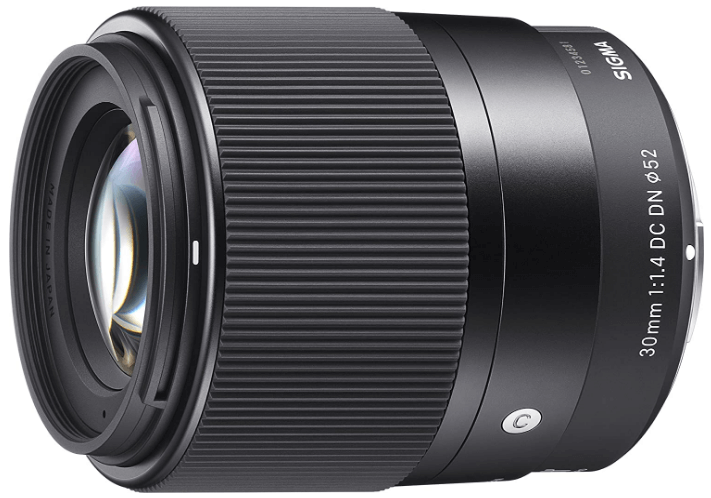 This is an image of a black Sigma 30mm camera lens for sony a6500 camera 