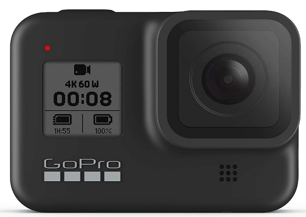 This is an image of a black GoPro HERO8 Waterproof Action Camera with Touch Screen LCD and 12MP sensor